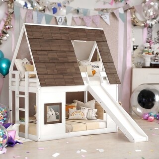 Wood Twin Size House Bunk Bed with Roof, Ladder and Slide, No Box Spring Required, Easy Assembly, White+Brown