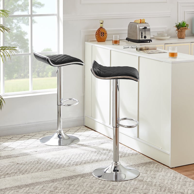 Javlergo Set of 2 Diamond Pattern Bar Stools Adjustable Height 360° Swivel PU Leather Counter Height Bar Chair with Arc Footrest