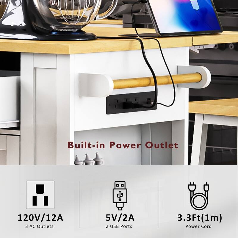 48″ Kitchen Island Cart with Power Outlet, Drop Leaf & Two Bar Stools