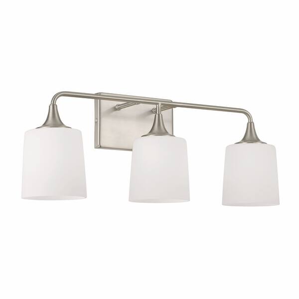 slide 2 of 13, Presley 3-light Bath/ Vanity Fixture w/ Soft White Glass Brushed Nickel