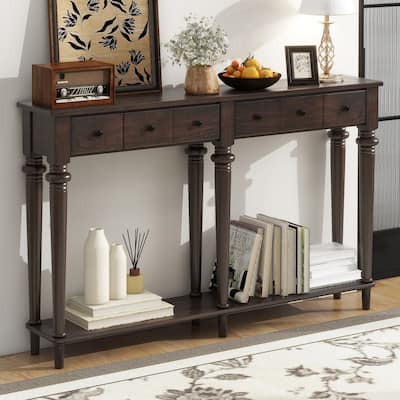 59.8" Retro Console Table with 4 Drawers and Open Shelf for Entryway, Living Room