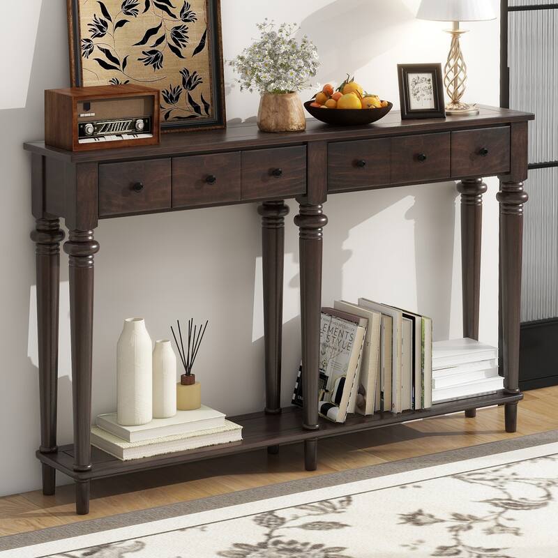 Retro Console Table with 4 Drawers and Open Shelf, perfect for Entryways, Living Rooms, and Hallways - Espresso