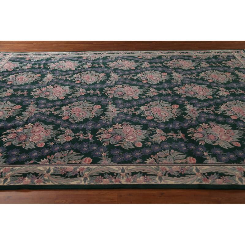 Vegetable Dye Green Aubusson Chinese Area Rug Hand-Knotted Wool Carpet - 8'11"x 12'2"
