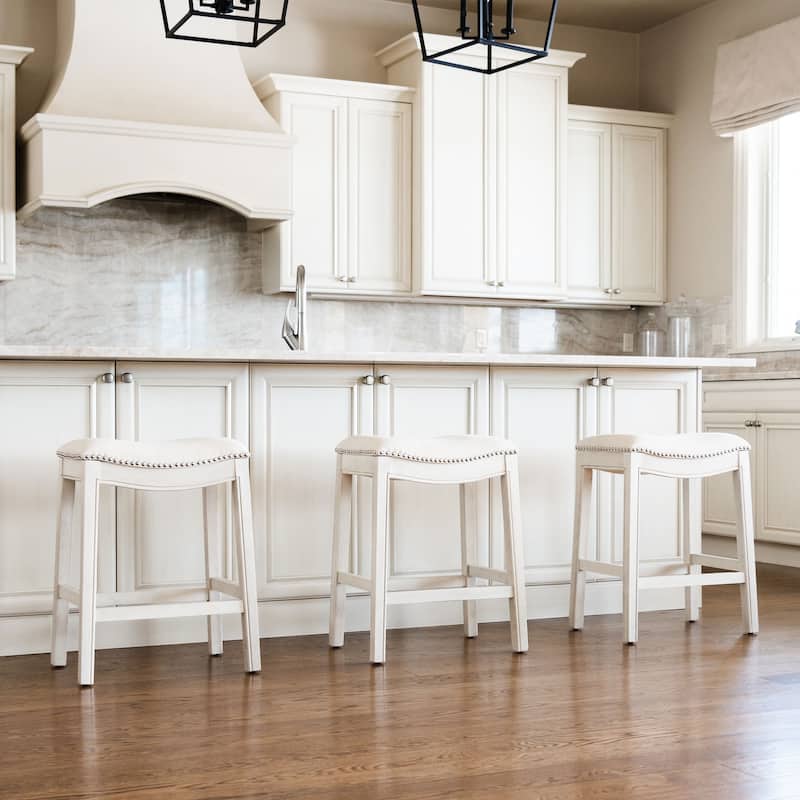 Maven Lane Adrien Backless Saddle Kitchen Counter Stool in Walnut Finish w/ Grey Fabric Upholstery
