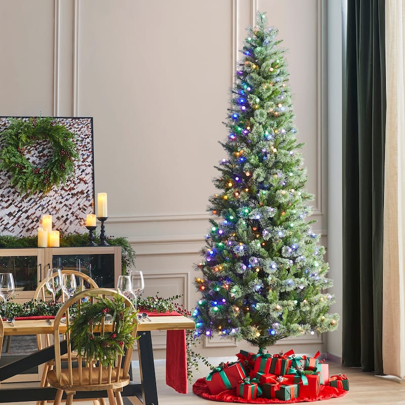 Glitzhome 7.5ft/9ft Pre-Lit Green Slim Pine Artificial Christmas Tree with Foot Pedal & Remote Control