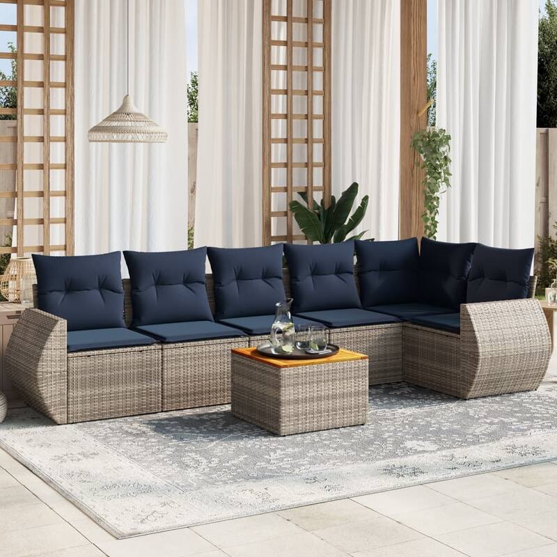 vidaXL 7 Piece Patio Sofa Set with Cushions Gray Poly Rattan - 117.3x33.5x52.4