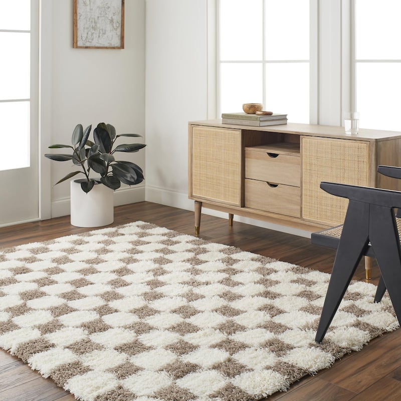 Livabliss Sibari Modern Checkered Plush Area Rug - 7' 10" x 10' 2" - Cream/Brown