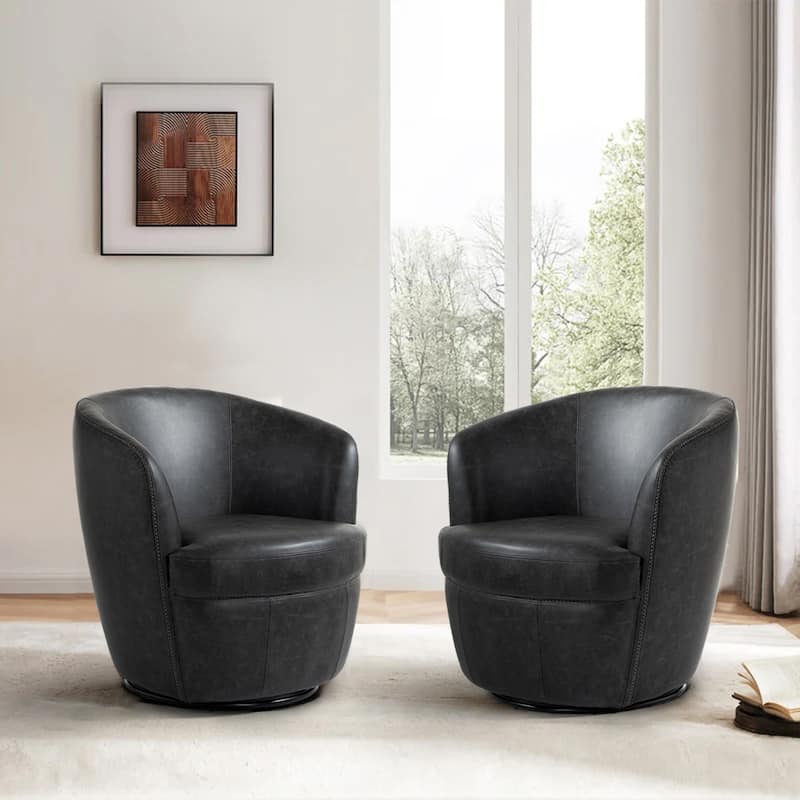 32" Wide PU Leather Swivel Barrel Chair with Metal Rotary Base (Set of 2) - Black