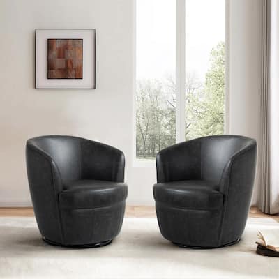 32" Wide PU Leather Swivel Barrel Chair with Metal Rotary Base (Set of 2)