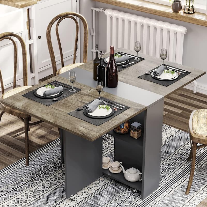 Folding Dining Table with 6 Wheels Drop Leaf Tables - Grey