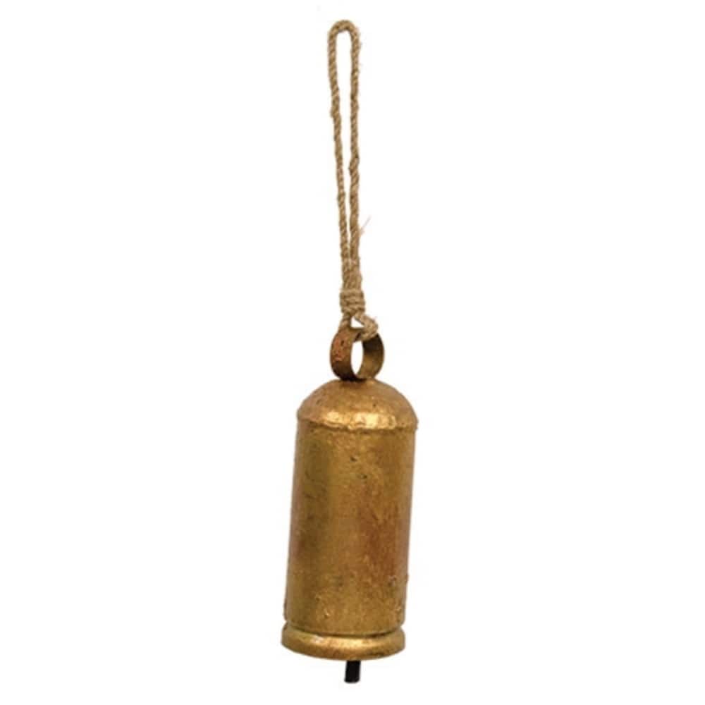 Vintage-Inspired Gold Metal Bell Ornament with Black Interior and Jute Hanging Loop - 6" H x 2.75"Dia