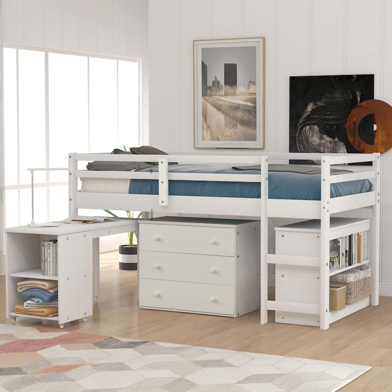 Twin Loft Bed with Cabinet, Rolling Desk, and Storage in White