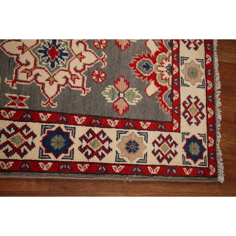 Geometric Kazak Runner Rug Hand-Knotted Oriental Grey Wool Carpet - 2'2" x 19'2"