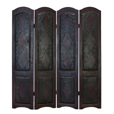 Faux Leather Scroll Hinged Foldable 4 Panel Room Divider Screen with Faux Leather Detailing - Brown - Roche River Decor