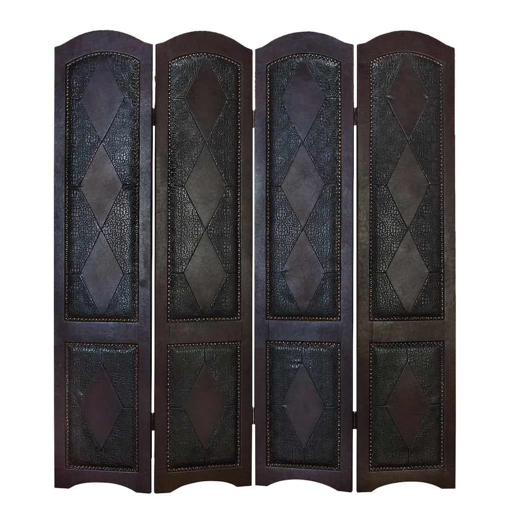 Faux Leather Scroll Hinged Foldable 4 Panel Room Divider Screen with Faux Leather Detailing - Brown - Roche River Decor