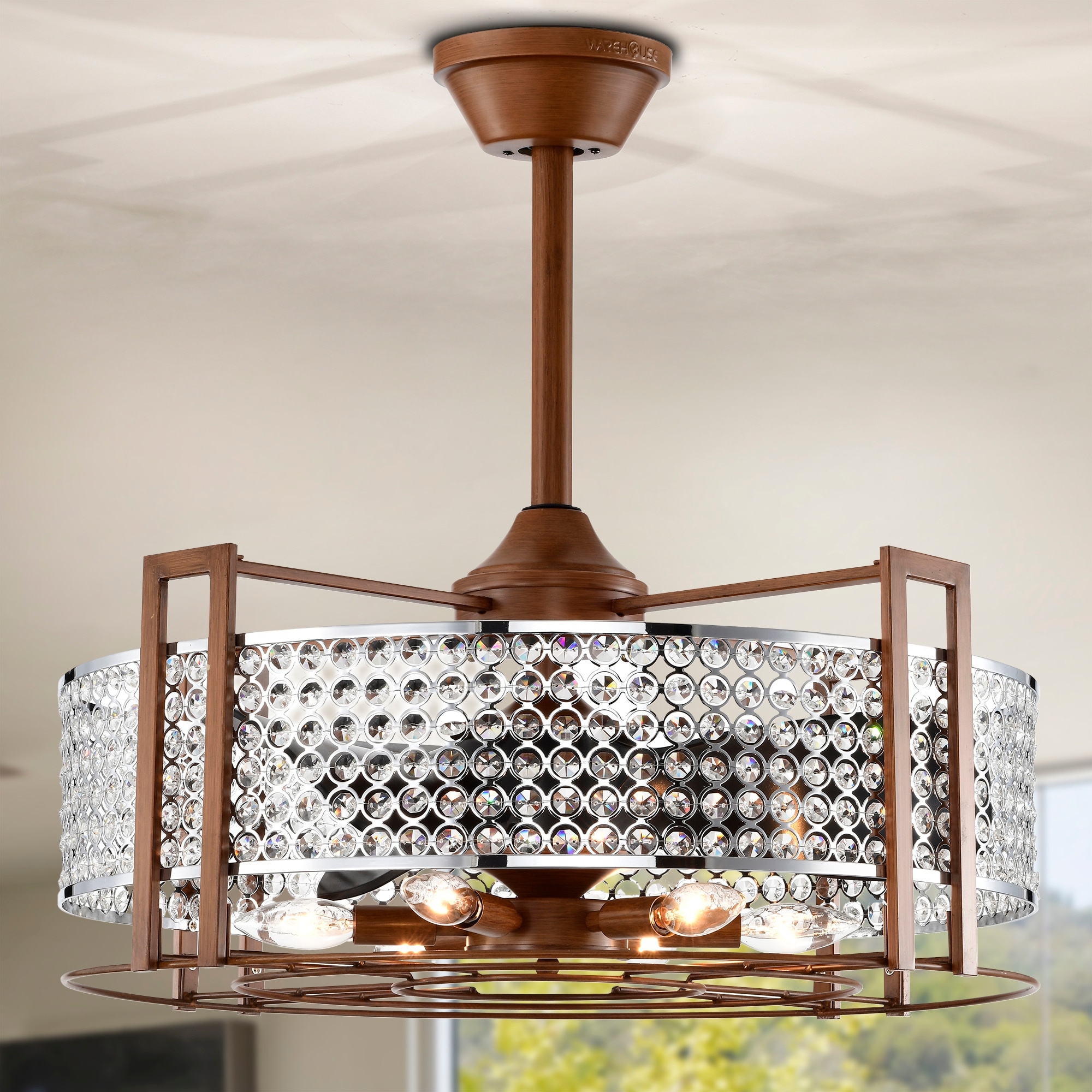 Warehouse of Tiffany Jovanni 23 Inch Chrome Finish Ceiling Fandelier Crystal 6-Light with Remote