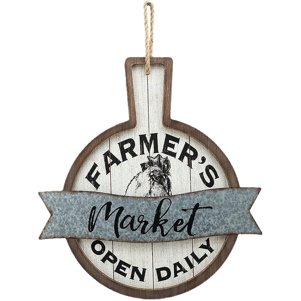 Farmer's Market Open Daily Wood and Metal Circular Hanging Decor