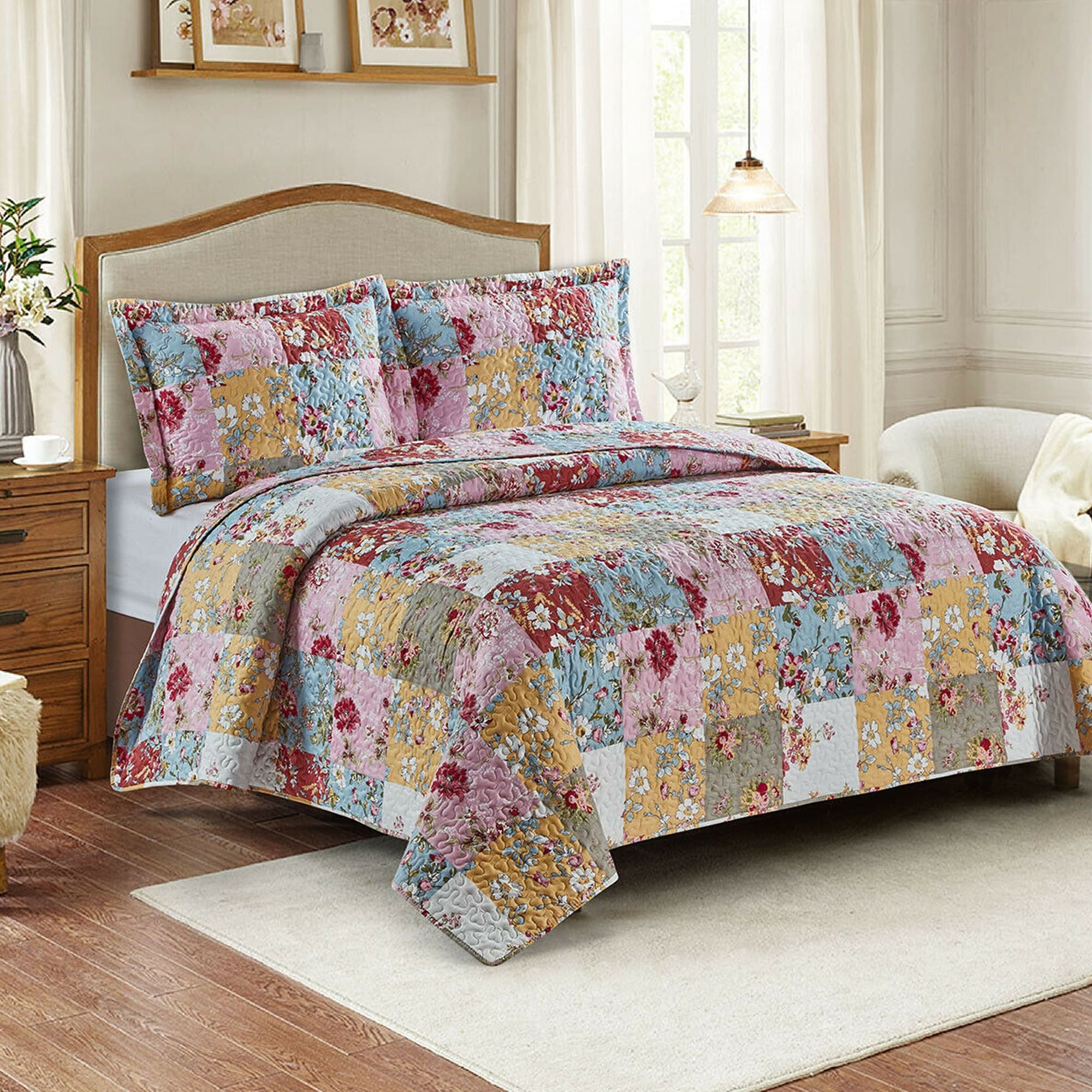 Reversible Satin Embossed 3 Piece Quilted Bedspread Modern Comforter Bedding Set 
