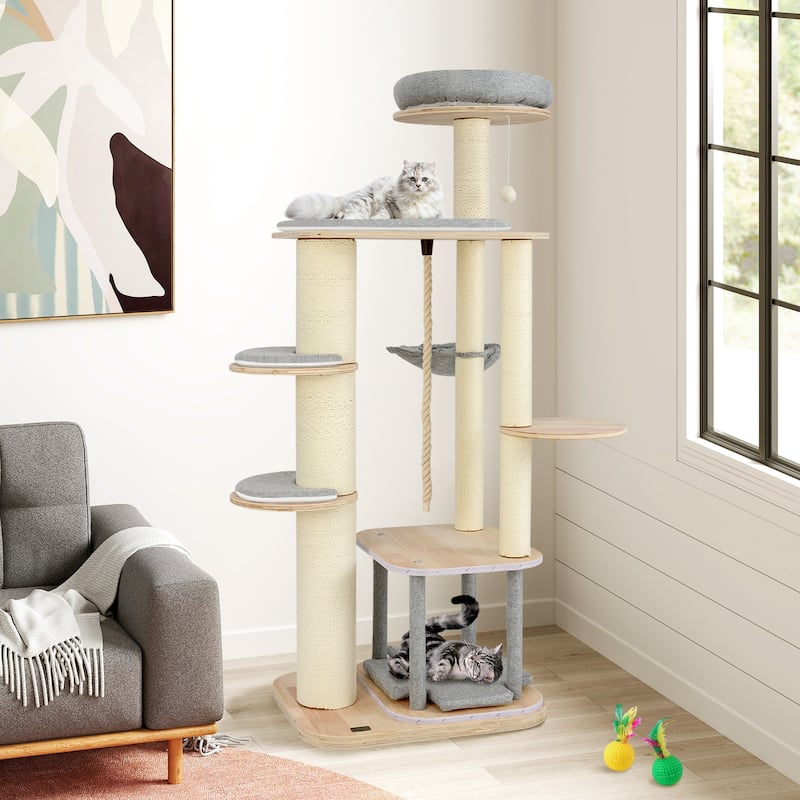 Modern 63-Inch Cat Tree with Perch, Condo, and Hammock, Ideal for Indoor Cats - 24" x 20" x 63"
