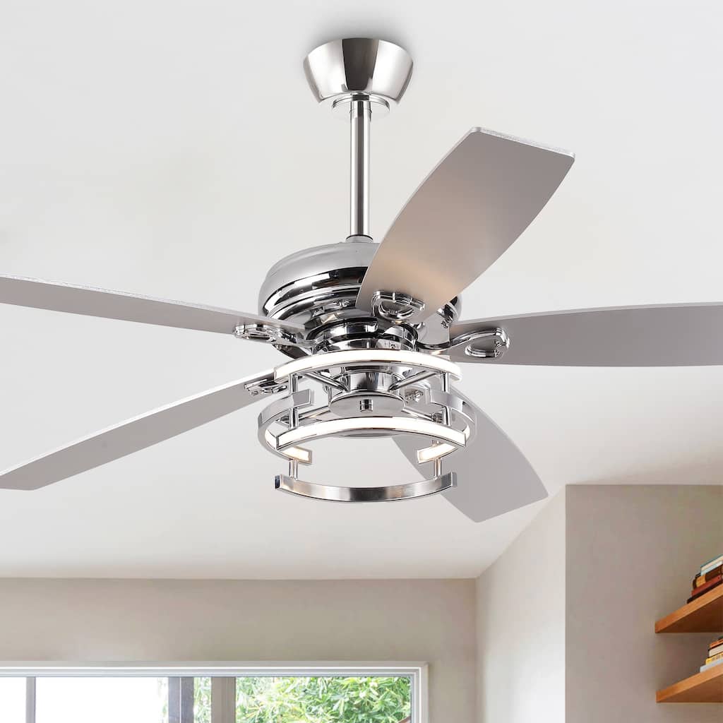52" Farmhouse Chrome Integrated LED Dimmable Ceiling Fan with Light and Remote - 52 in. W x 52 in. D x 13 in. H