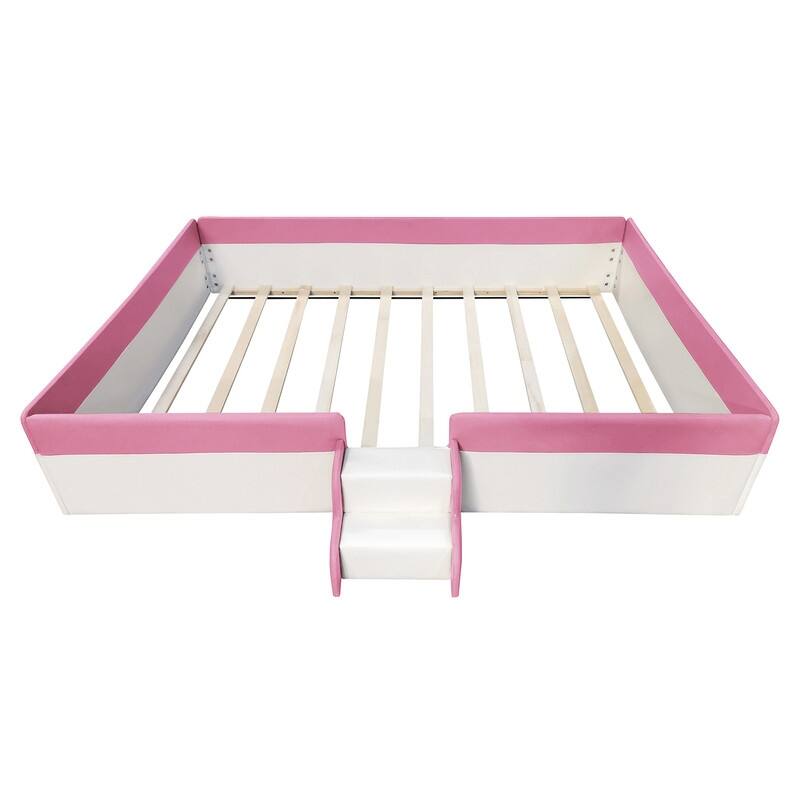 Twin/ Full/ Queen/ King Size Upholstered Kids Floor Bed Frame with Guardrail and Little Stairs, Soft PU Platform Bed