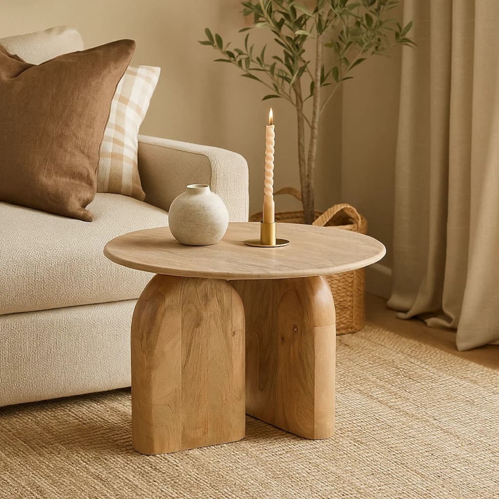 Cid Elis End Table, Beige Marble, Solid Wood Frame, Round 30 Inch Top