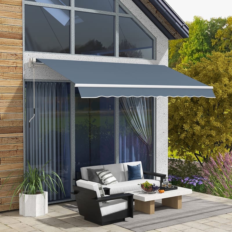 Outsunny 12' x 10' Retractable Awning Patio Awnings Sun Shade Shelter with Manual Crank Handle - grey