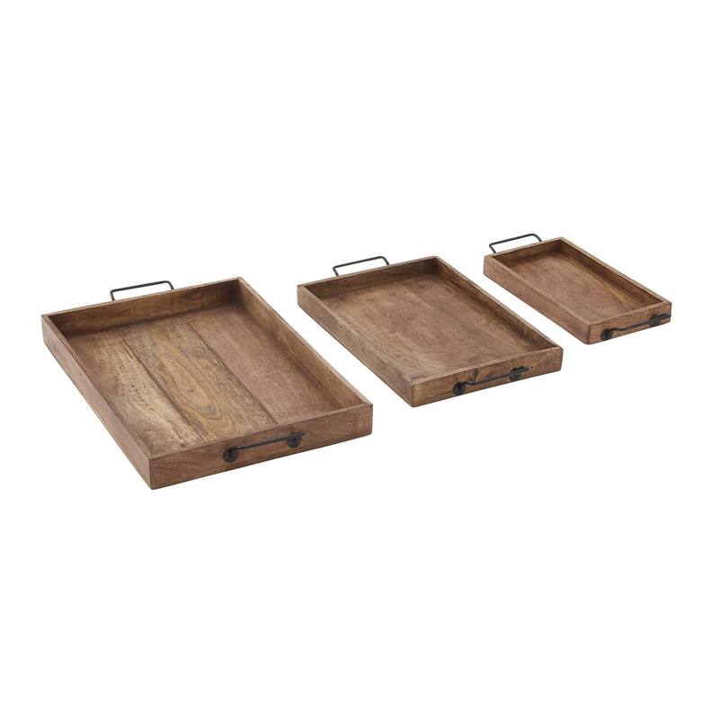 Brown Mango Wood Living Room Decor Tray with Slot Handles (Set of 3)