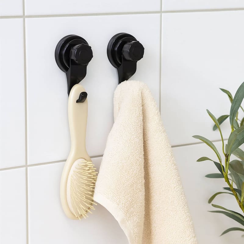 Suction Cup Hooks Shower-Kitchen Walls Organizer Loofah Set of 2 - Black