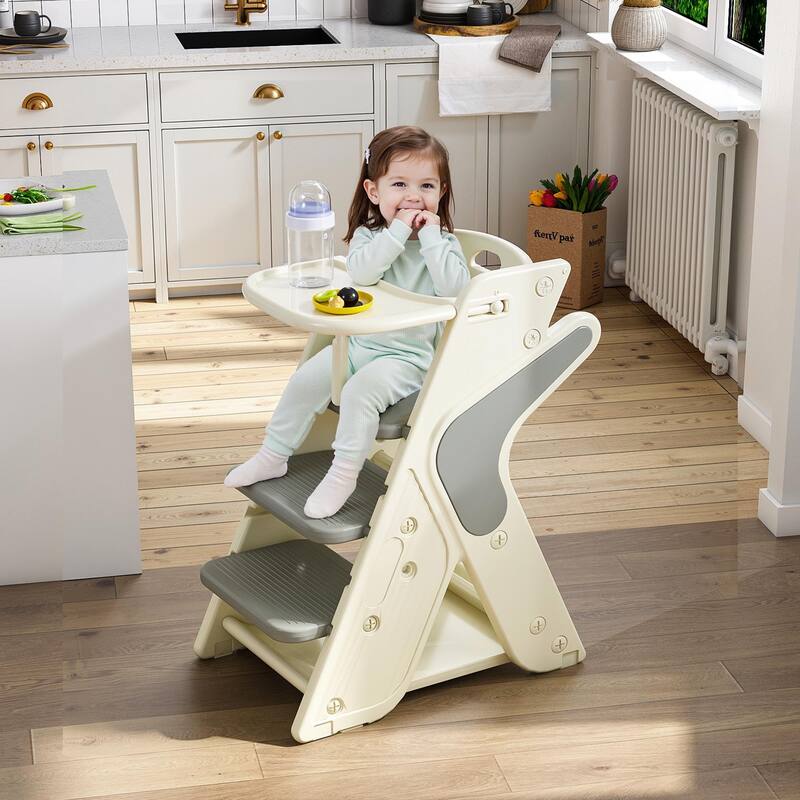 Multi Functional Growing Up Dining Chair,Adjustable Height Toddler Tower,Five-Point Seat Belts And A Movable Large Dinner Plate