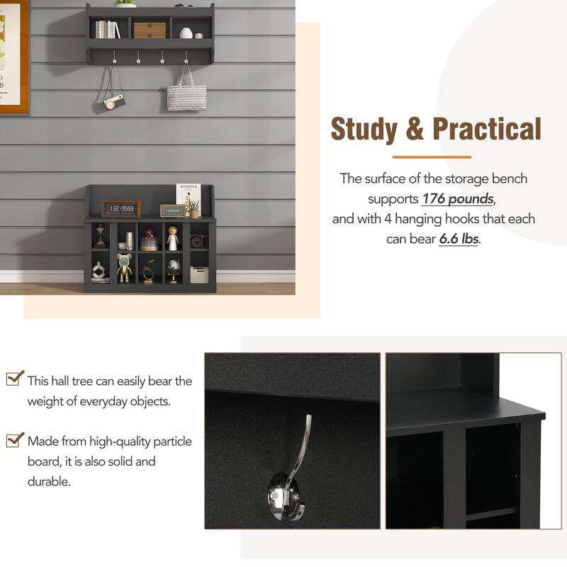 Shoe Storage Rack for Front Door Entrance, Wood Bench Wall Mounted Coat Rack with Shelves, 4 Hooks Hall Tree Shoe Bench