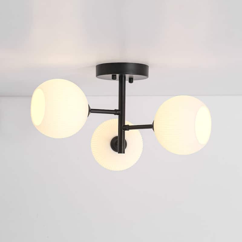 Modern 3-Light Ribbed Opal Glass Globe Sputnik Semi Flush Light