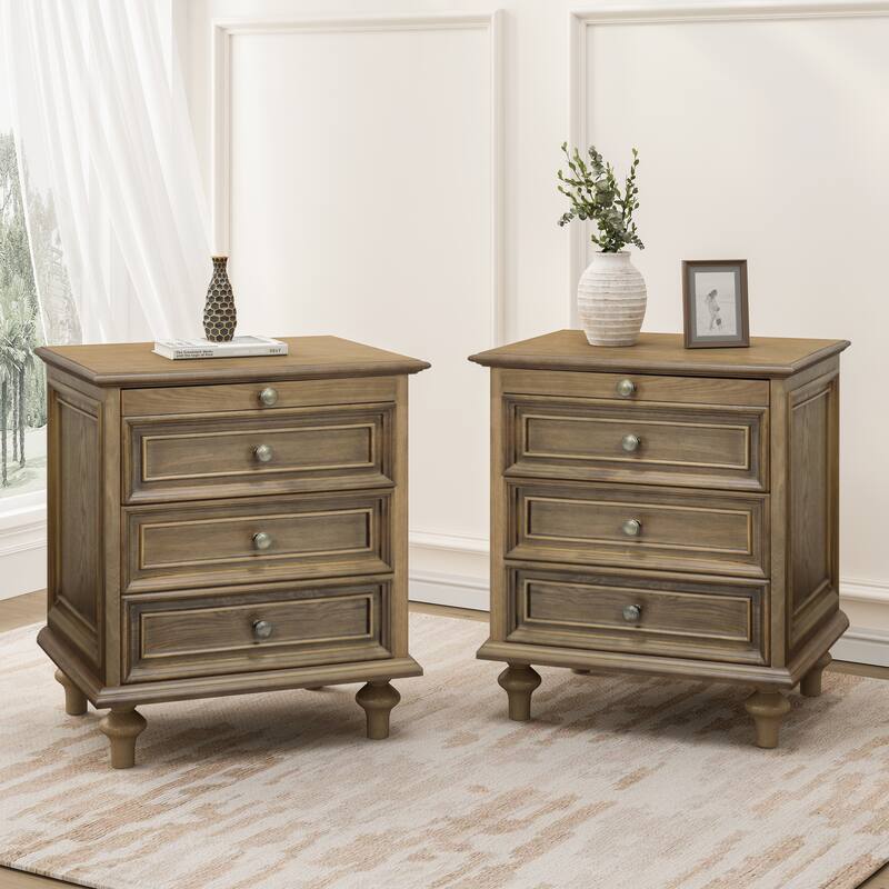 GDFStudio Vespertine Solid Wood 4-Drawer Nightstand with Pull-Out Tray - 2 Piece+Light Brown