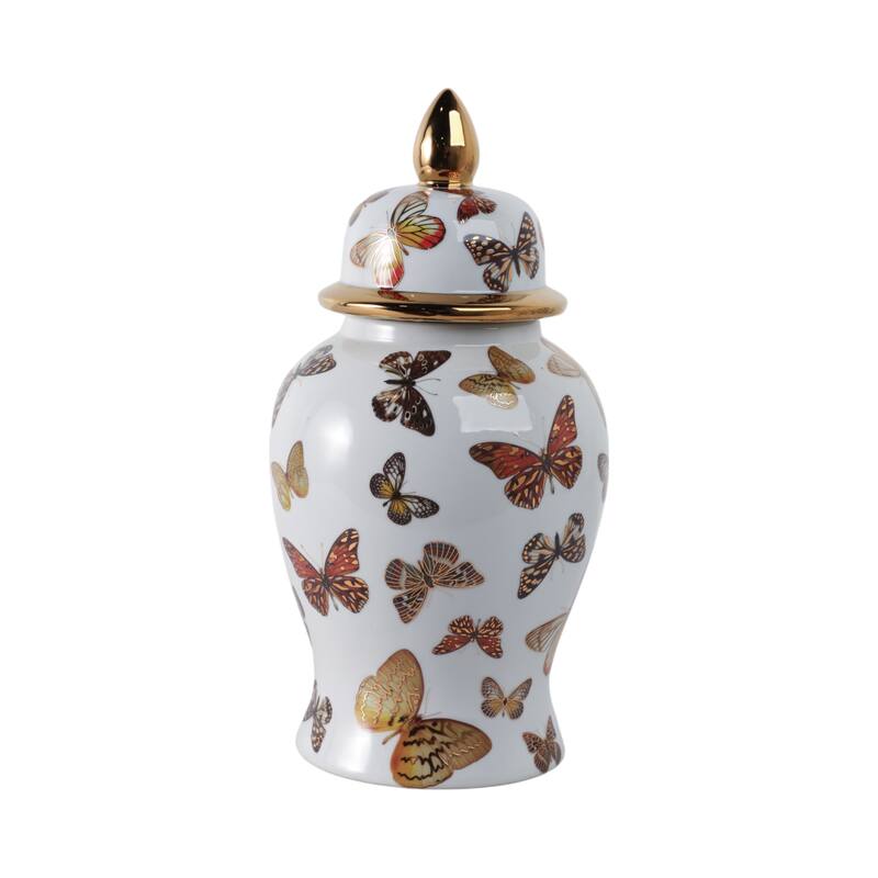 Ceramic Decorative Temple Jar with Lid and Metallic Butterfly Motif