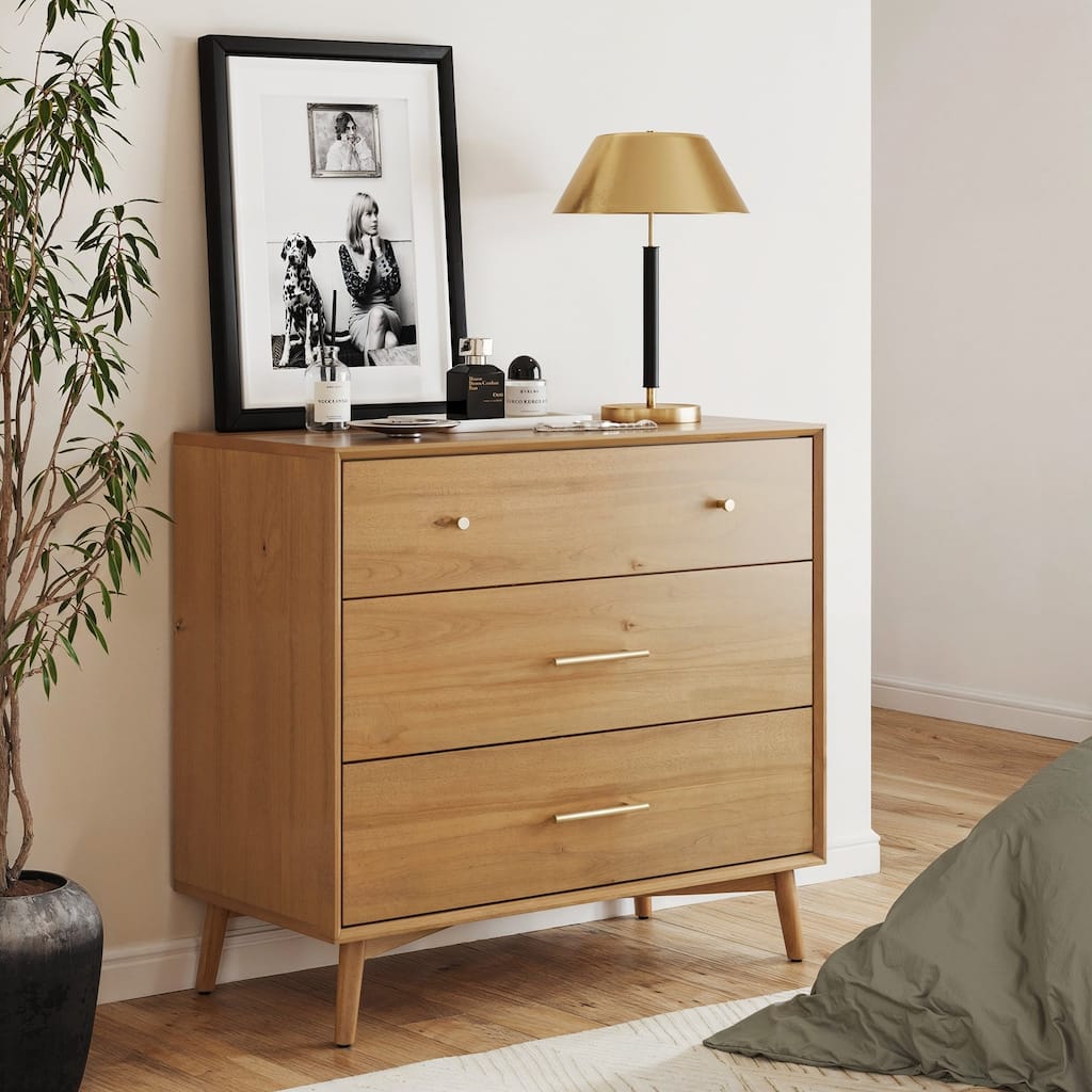 Harper Mid Century Modern Dresser, Solid Wood Dresser for Bedroom with 3 Drawers and Metal Drawer Pulls