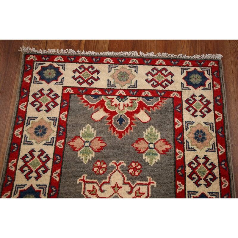 Geometric Kazak Runner Rug Hand-Knotted Oriental Grey Wool Carpet - 2'2" x 19'2"