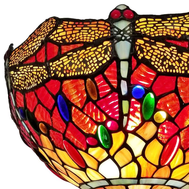 Black Metal Torchiere Floor Lamp with Red Stained Glass Dragonfly Shade - 14” x 14” x 69” (D x W x H)
