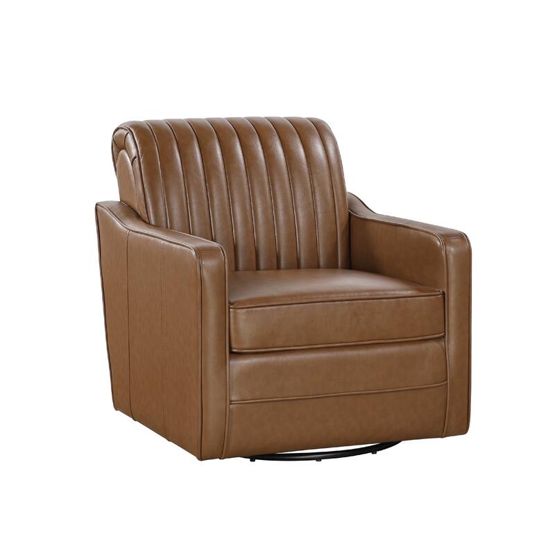 Vemy Swivel Chair, Vertical Channel Tufted Back, Brown Faux Leather