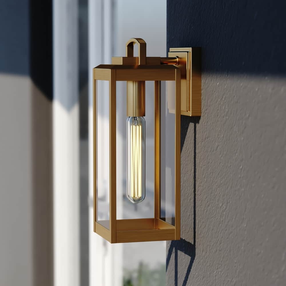 VAXCEL Kinzie 14.25 in. H 1-Light Vintage Brass Dusk to Dawn Sensor Gold Outdoor Wall Sconce, Steel, Clear Glass Shade