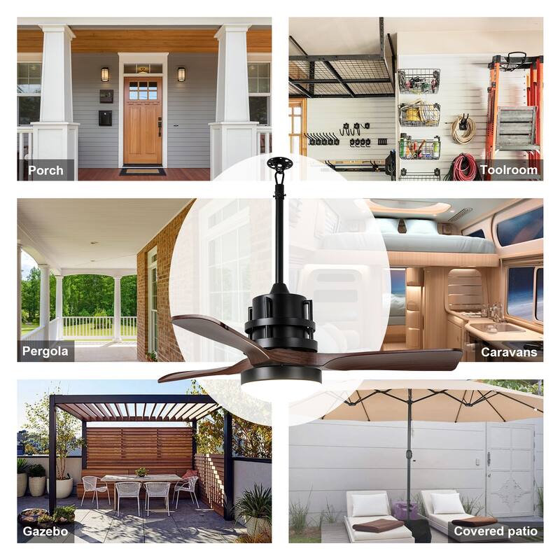 Bella Depot 42" Black Outdoor Ceiling Fan with Dimmable Light and Remote APPControl 6-Speed Reversible Blades