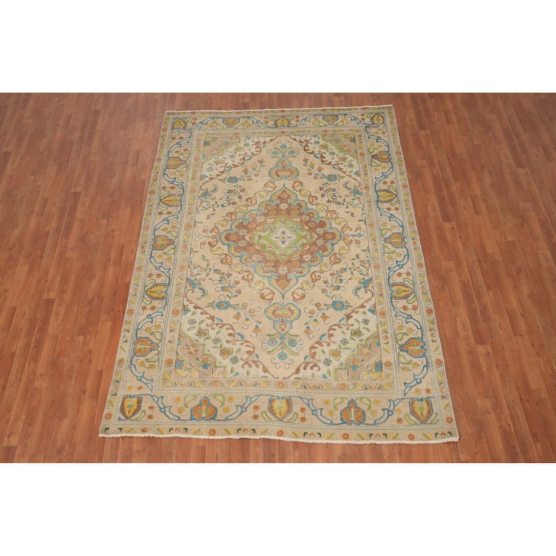 Hand Knotted Oriental 100% Wool Carpet Traditional Floral Beige & Ivories Tabriz Area Rug - 9' 5'' X 6' 8''