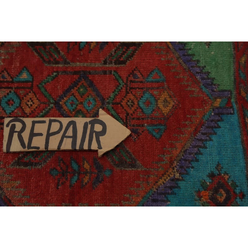 Hand Knotted Oriental 100% Wool Carpet Traditional Geometric Multi-Colored Heriz Runner Rug - 14' 1'' X 3' 9''