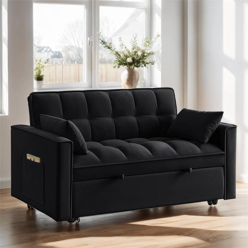 4 in1 Tufted Pull-out Sofa Bed with Backrest, Pillows, Storage Pockets
