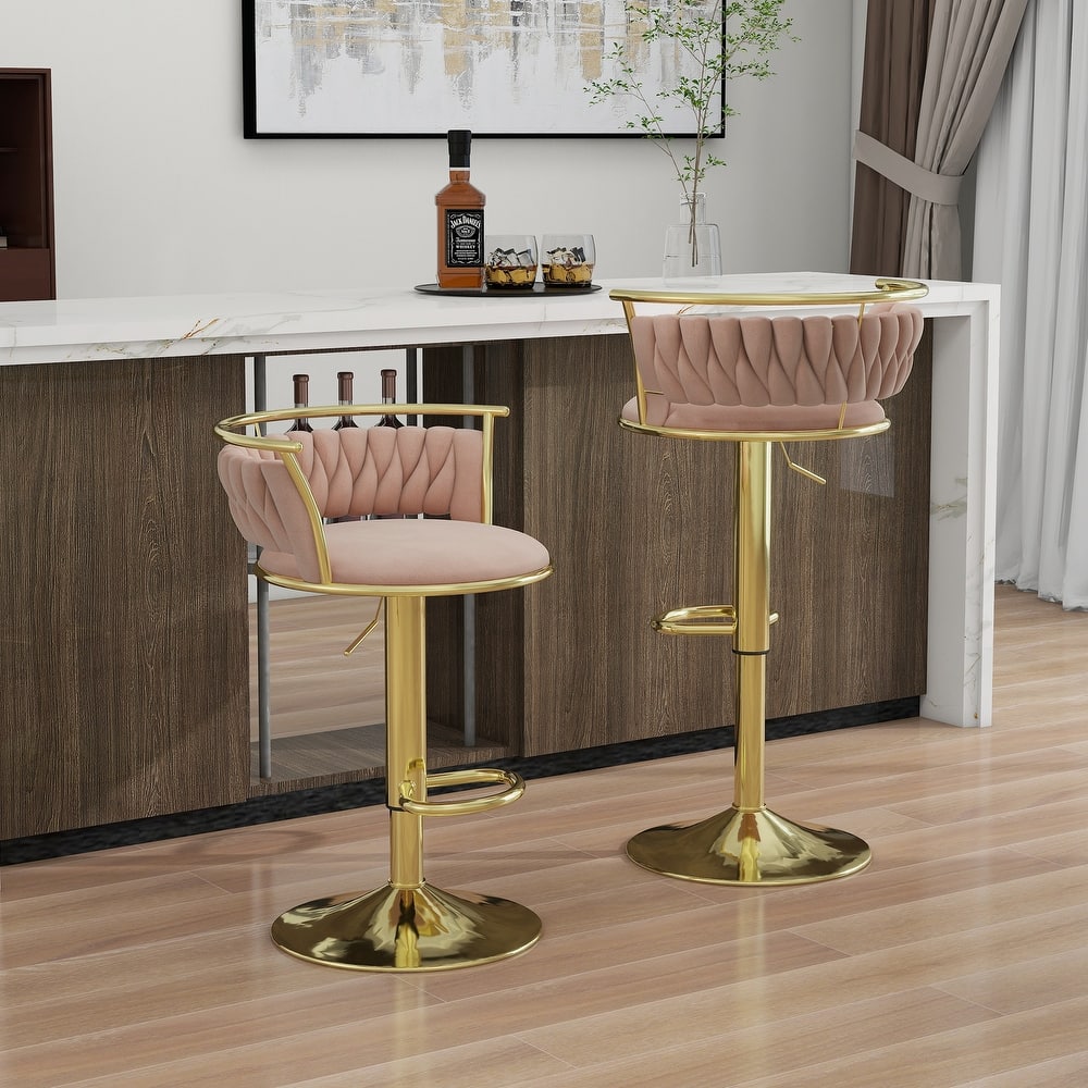 2 Set Velvet Swivel Adjustable Bar Stools with Footrest