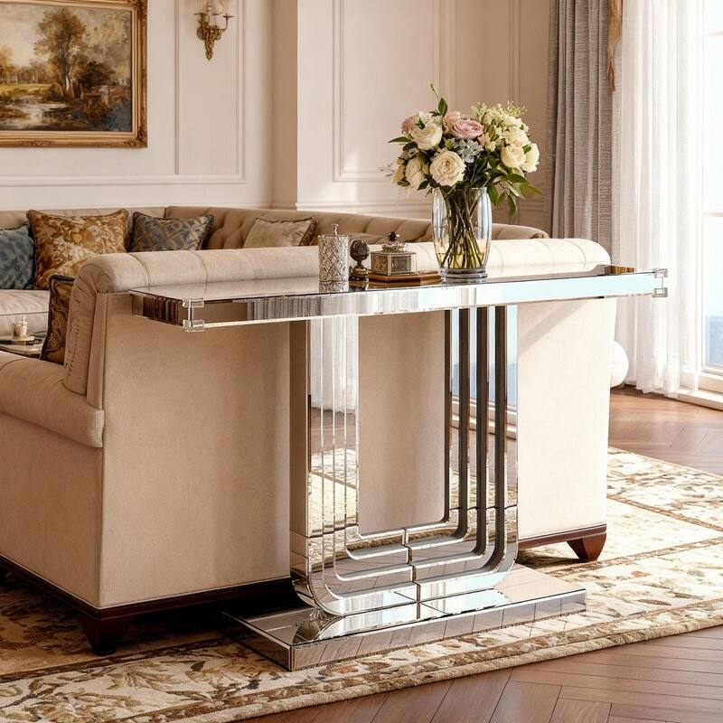 Mirrored 47" Console Table, Silver Entryway Table With U Base