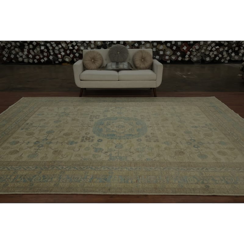 Hand Knotted Oriental 100% Wool Carpet Transitional Floral Beige & Ivories Khotan Area Rug - 12' 1'' X 9' 3''