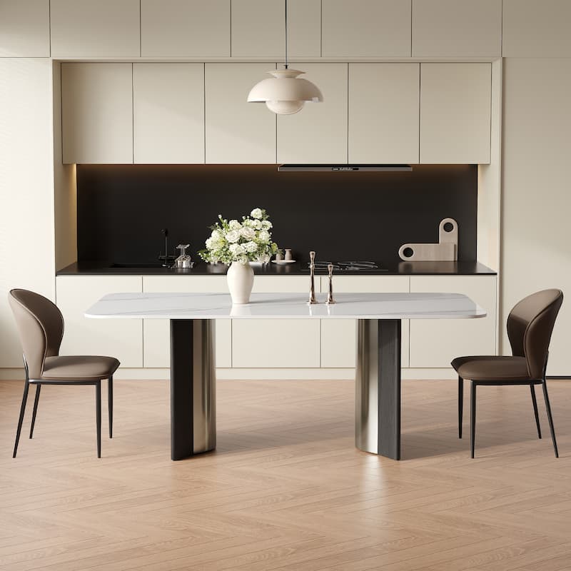 63" Modern Rectangular Dining Table for 4, White Glossy Sintered Stone Table Top,with double Stainless Steel Legs