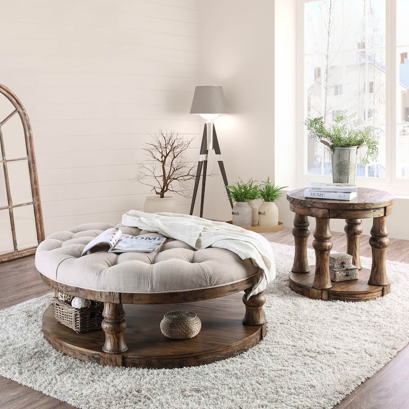 Bae Rustic 48-inch Fabric Tufted 1-Shelf Round Coffee Table by Furniture of America