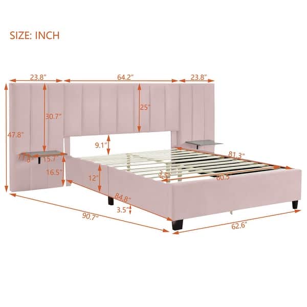dimension image slide 3 of 6, Plush Upholstered Platform Bed Frame with Oversized Headboard and 2 Side Storage Shelf, Velvet Fabric Wingback Bed