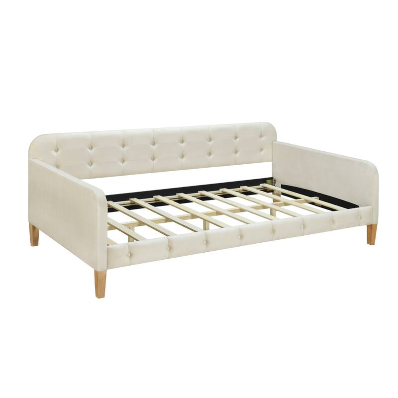 Modern Twin/Full Size Upholstered Daybed, Velvet Fabric, Sturdy Pine Wood Frame, White/Pink